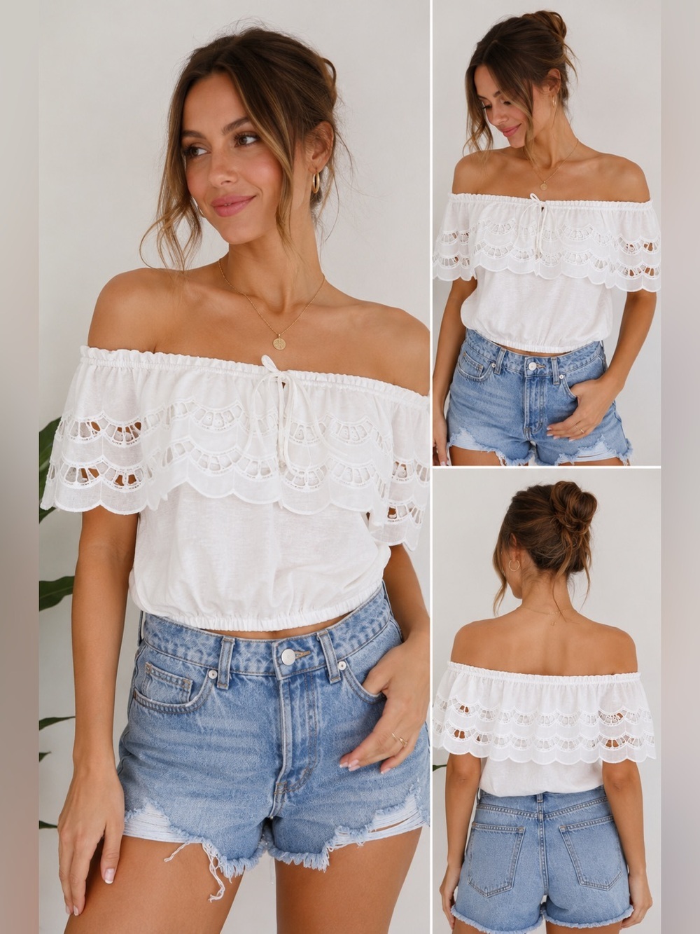 Brea Canyon White Eyelet Lace Off Shoulder Crop Top Boho Peasant NWT Medium